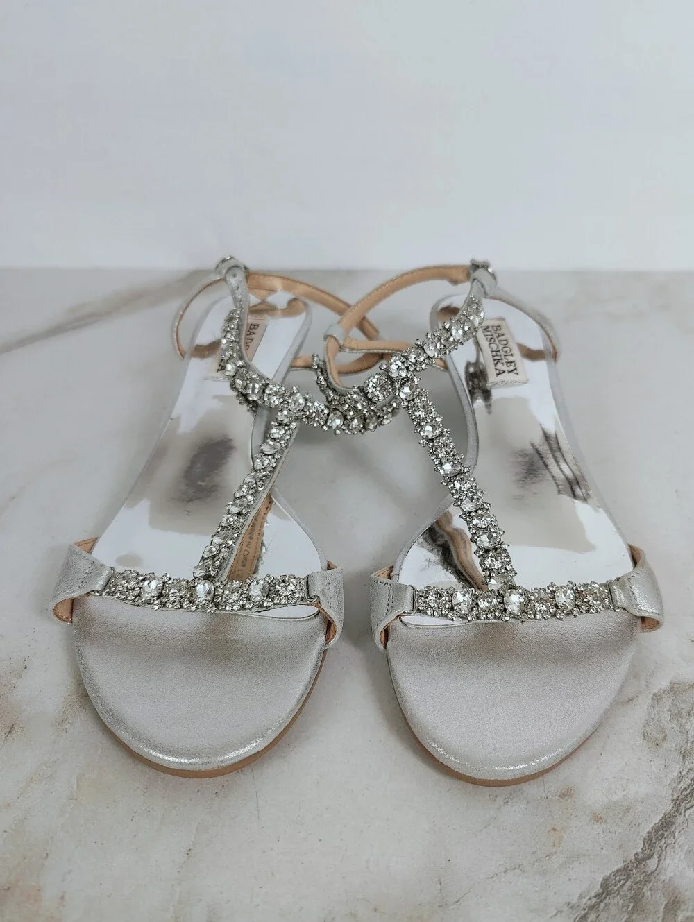 Badgley Mischka Silver Crystal T-Strap Wedge Sandals